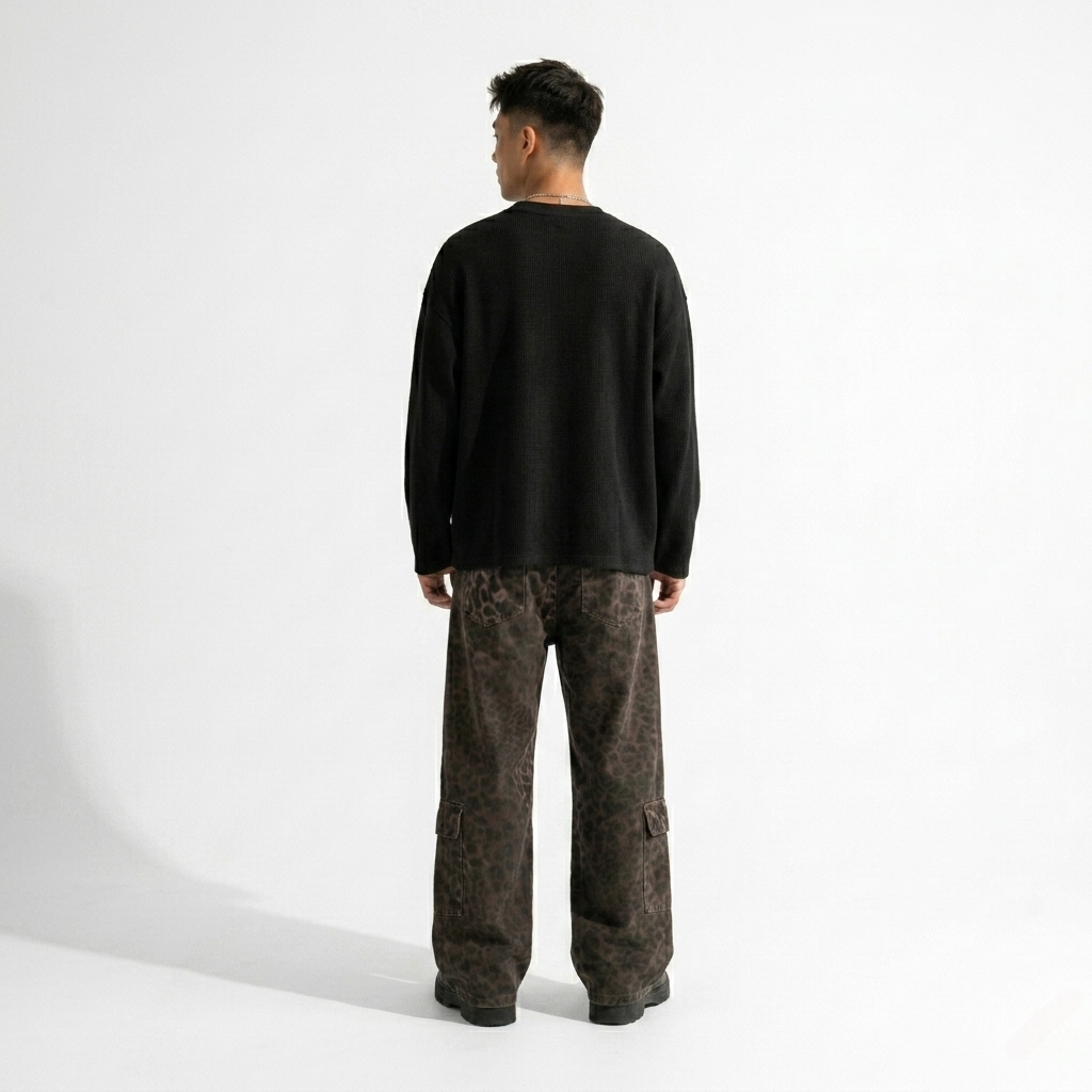 Black waffle knit oversized full-sleeve