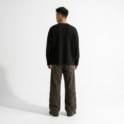 Black waffle knit oversized full-sleeve
