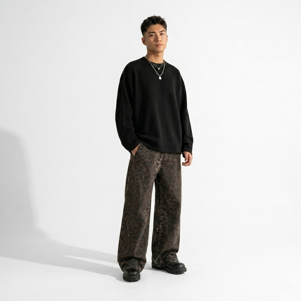 Black waffle knit oversized full-sleeve